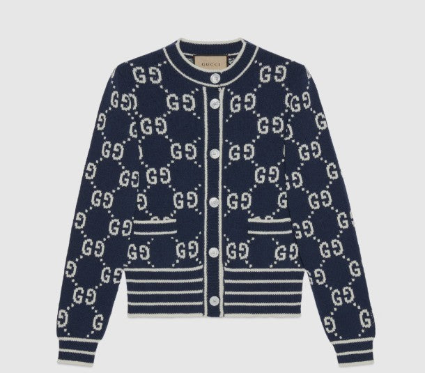 Gucci Navy GG Jacquard Cotton Cardigan Size L US8-10|495