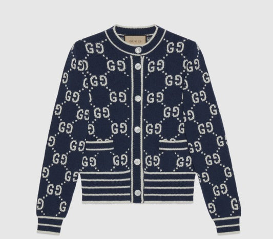 Gucci Navy GG Jacquard Cotton Cardigan Size L US8-10|495
