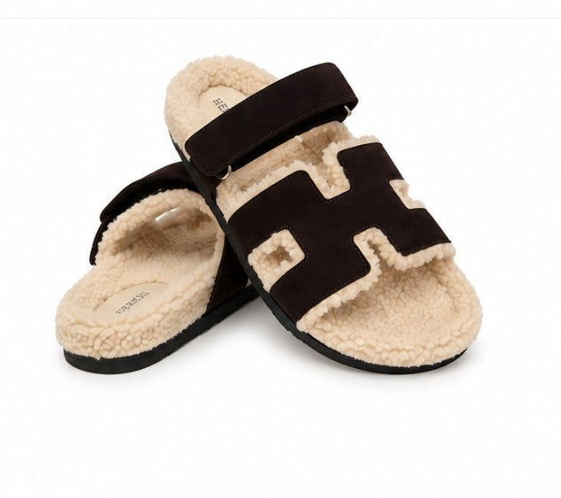 Hermès Chypre Techno Sandals, Color: Marron Ebene Suede & Ecru Shearling, Size: 38|635