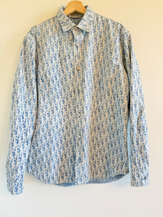 Christian Dior Men's Blue Oblique Jacquard Button Down Shirt|149