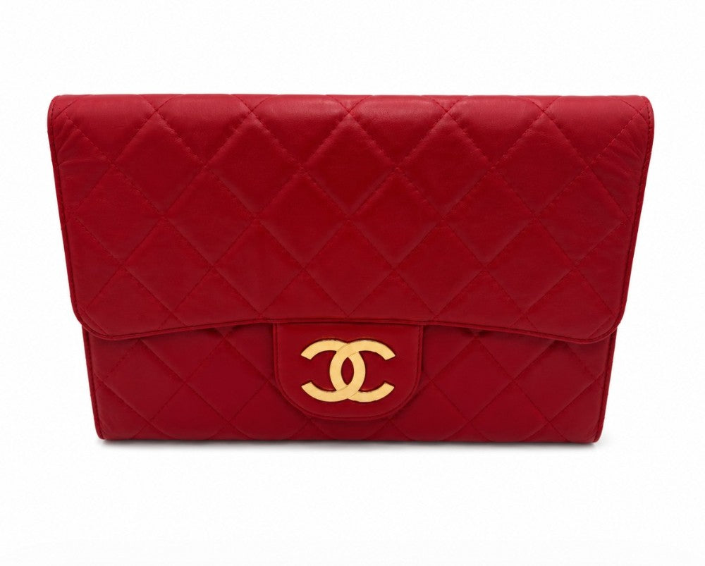 Chanel Classic Quilted Red Clutch with CC logo Size Jumbo|615