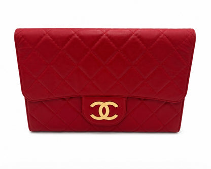 Chanel Classic Quilted Red Clutch with CC logo Size Jumbo|615