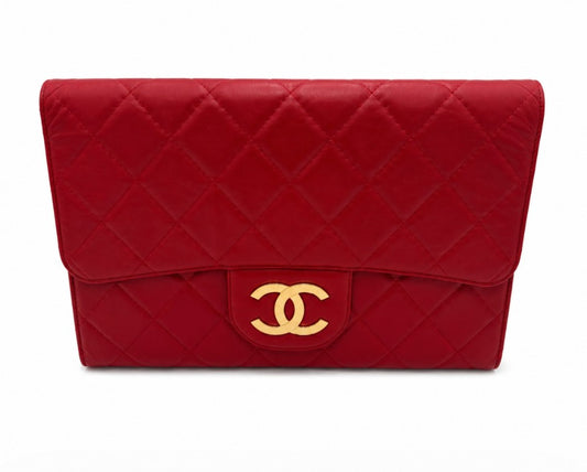 Chanel Classic Quilted Red Clutch with CC logo Size Jumbo|615