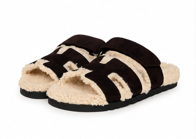 Hermès Chypre Techno Sandals, Color: Marron Ebene Suede & Ecru Shearling, Size: 38|637