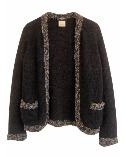 Chanel Deep Charcoal Black Wool Blend Knit Cardigan Jacket Size 40
