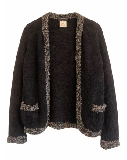 Chanel Deep Charcoal Black Wool Blend Knit Cardigan Jacket Size 40