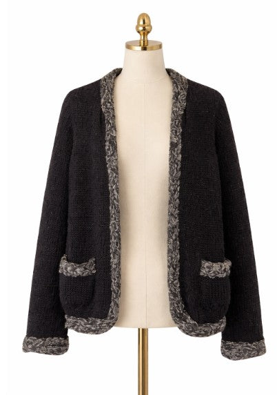 Chanel Deep Charcoal Black Wool Blend Knit Cardigan Jacket Size 40