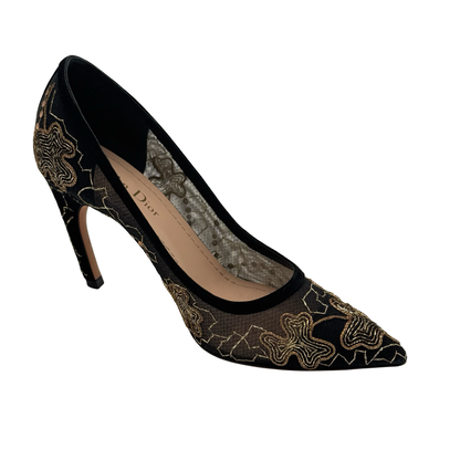 Christian Dior Gold tone Embroidery Mesh Printed Pumps Size 36 1/2