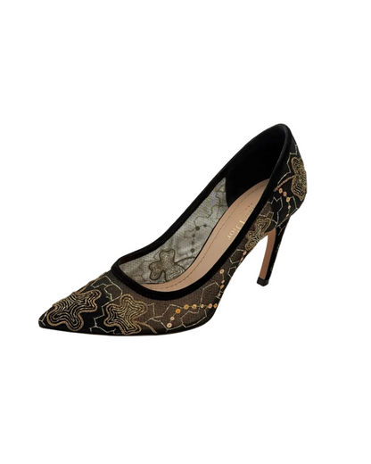 Christian Dior Gold tone Embroidery Mesh Printed Pumps Size 36 1/2