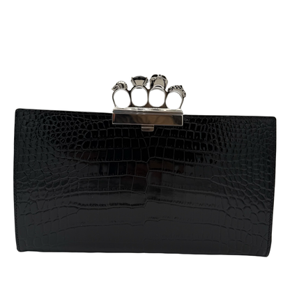 Alexander McQueen Black Croc Embossed Calf Leather Flat Clutch