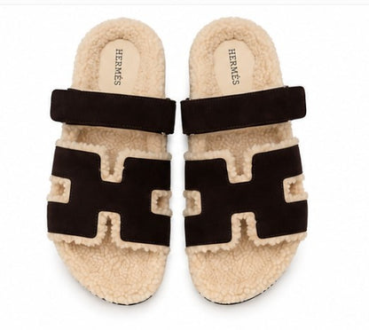 Hermès Chypre Techno Sandals, Color: Marron Ebene Suede & Ecru Shearling, Size: 38|636
